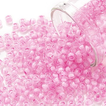 TOHO Round Seed Beads, Japanese Seed Beads, (969) Inside Color Crystal/Neon Carnation Lined, 8/0, 3mm, Hole: 1mm, about 220pcs/10g