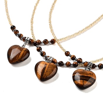 Natural Tiger Eye Heart Pendant Necklaces, Glass Seed Beaded Necklaces for Women, 18.70 inch(47.5cm)