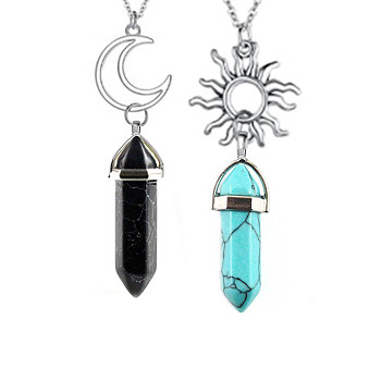 2Pcs 2 Style Synthetic Blue Turquoise & Black Turquoise Bullet Pendant Necklaces Set, Alloy Sun & Moon Couple Necklaces, 17.72 inch(45cm), 1Pc/style