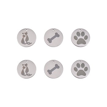 6Pcs 3 Styles 304 Stainless Steel Pet Pendants, Laser Cut, Flat Round, Stainless Steel Color, 20mm, 2pcs/style