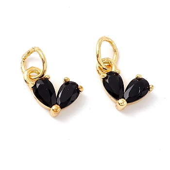 Rack Plating Brass Cubic Zirconia Charms, with Jump Ring, Cadmium Free & Lead Free, Real 18K Gold Plated, Heart, Black, 8x7x3mm, Jump Ring: 5x1mm,  3.5mm Inner Diameter