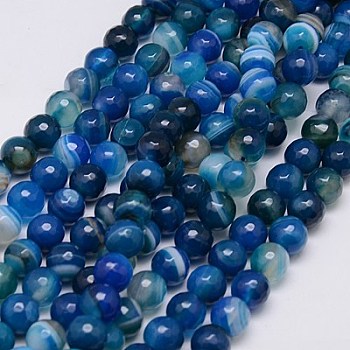 Natural Stripe Agate Beads Strands, Faceted, Dyed, Round, Marine Blue, 8mm, Hole: 1mm, about 48pcs/strand, 15 inch
