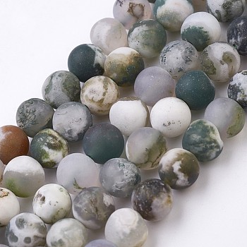 Natural Tree Agate Bead Strands, Frosted, Round, 8~9mm, Hole: 1mm, about 47pcs/strand, 14.9 inch(38cm)