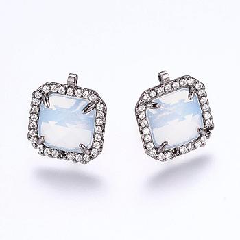 Brass Micro Pave Cubic Zirconia Stud Earring Findings, with Loop, Glass, Imitation Opalite, Square, Gunmental, White, 17mm, Hole: 0.5mm, Pin: 0.8mm
