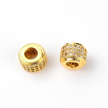 Brass Micro Pave Clear Cubic Zirconia European Beads, Large Hole Beads, Column, Real 18K Gold Plated, 9x6.5mm, Hole: 4mm