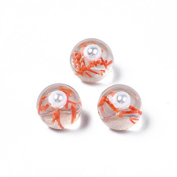 Translucent Acrylic Cabochons, with ABS Imitation Pearl Beads and Hay, Round, Coral, 10x9.5mm