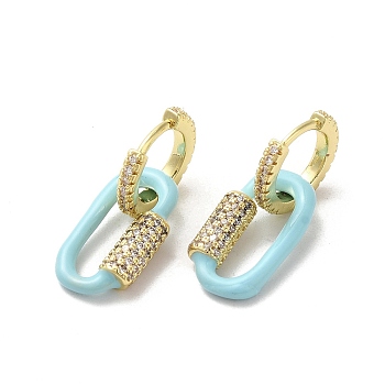 Oval Real 18K Gold Plated Brass Dangle Hoop Earrings, with Cubic Zirconia and Enamel, Pale Turquoise, 23x9.5mm