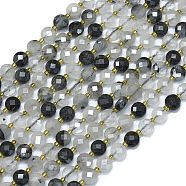 Natural Tourmalinated Quartz Beads Strands, with Seed Beads, Faceted, Flat Round, 6~6.5x4mm, Hole: 1mm, about 50pcs/strand, 15.35''(39cm)(G-K389-B26-01)