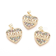 Brass Micro Pave Cubic Zirconia Pendants, Heart with Word MOM, For Mother's Day, Colorful, Golden, 19x18.5x2.5mm, Hole: 3.5x4.5mm(ZIRC-G152-20G)