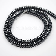 Non-magnetic Synthetic Hematite Beads Strands, Faceted Rondelle, Black, 6x3mm, Hole: 1mm, about 126pcs/strand, 15.5 inch(X-G-O004C-03A)