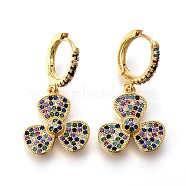 Brass Dangle Hoop Earrings, with Micro Pave Cubic Zirconia, Flower, Colorful, Golden, 31.5mm, Pin: 0.8mm(EJEW-F190-15G)