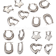 4 Pairs 4 Style Star & Rectangle & Heart & Croissant 304 Stainless Steel Hoop Earrings for Women, Stainless Steel Color, 20~24x15.5~20x3~4mm, Pin: 0.5~0.8mm, 1 Pair/style(EJEW-TA0001-17)