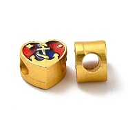 Rack Plating Alloy Enamel European Beads, Large Hole Beads, Cadmium Free & Lead Free, Matte Gold Color, Heart with Cross Pattern, Red, 9x10.5x7mm, Hole: 4mm(PALLOY-E006-17MG-01)
