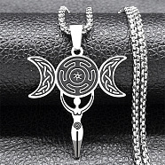 304 Stainless Steel Enamel Pendant Necklaces, Triple Moon Goddess Pendant, Stainless Steel Color, 19.29 inch(49cm)(NJEW-P293-09G)