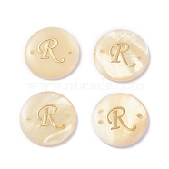 (Defective Closeout Sale: Yellowing), Freshwater Shell Links Connectors, with Golden Brass Findings, Flat Round with Letter, Letter.R, 20x3mm, Hole: 1.4mm(SHEL-XCP0001-03E)