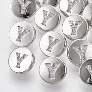 Brass Shank Buttons, with Micro Pave Cubic Zirconia, Flat Round with Letter, Clear, Letter.Y, 10.5x5.5mm, Hole: 1.4mm(BUTT-S025-025Y)