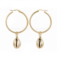 304 Stainless Steel Hoop Earrings, with Cowrie Shell Beads, Golden, 58~60mm, Pin: 1mm(EJEW-JE03173)