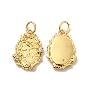 Rack Plating Eco-Friendly Brass Micro Pave Cubic Zirconia Pendants, with Jump Ring, Long-Lasting Plated, Lead Free & Cadmium Free, Oval with Flower & Word Charm, Real 18K Gold Plated, 17x12x2.5mm, Hole: 3.5mm(KK-A177-25G)