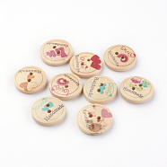 2-Hole Printed Wooden Buttons, Flat Round with Pattern & Word, PeachPuff, 20x5mm, Hole: 1.5mm(X-WOOD-S037-005)