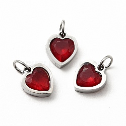 304 Stainless Steel Pendants, with Cubic Zirconia and Jump Rings, Single Stone Charms, Heart, Stainless Steel Color, Dark Red, 9x8x3mm, Hole: 3.6mm(STAS-D189-06P-12)