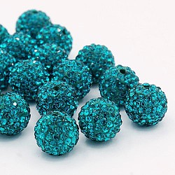 Grade A Rhinestone Beads, Pave Disco Ball Beads, Resin and China Clay, Round, Dark Cyan, PP11(1.7~1.8mm), 12mm, Hole: 1.5mm(RB-B027-21)