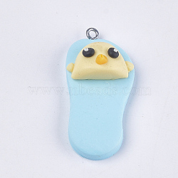 Handmade Polymer Clay Pendants, with Iron Findings, Slipper with Chick, Platinum, Sky Blue, 42~43x19~20x11~14mm, Hole: 1.5mm(CLAY-S093-04B)