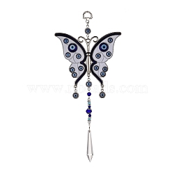 Alloy Butterfly Turkish Blue Evil Eye Pendant Decoration, with Crystal Prisms, for Home Wall Hanging Amulet Ornament, Antique Silver, 290mm, Hole: 10mm(HJEW-M002-11AS)