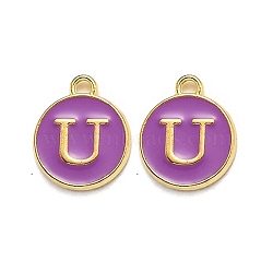 Golden Plated Alloy Enamel Charms, Enamelled Sequins, Flat Round with Alphabet, Letter.U, Purple, 14x12x2mm, Hole: 1.5mm(ENAM-Q437-12U)