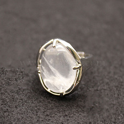 Oval Natural Quartz Crystal Adjustable Ring, Platinum Alloy Jewelry for Women, Inner Diameter: 18mm(FIND-PW0021-05A)