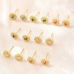 Brass Micro Pave Cubic Zirconia Stud Earrings for Women, Flower, Cadmium Free & Lead Free, Long-Lasting Plated, Rack Plating, Real 18K Gold Plated, Mixed Color, 9mm(KK-A305-04G)
