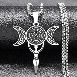 304 Stainless Steel Enamel Pendant Necklaces, Triple Moon Goddess Pendants, Stainless Steel Color, 19.29 inch(49cm)(NJEW-P293-09G)