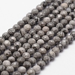 Natural Map Stone/Picasso Stone/Picasso Jasper Beads Strands, Faceted, Round, Gray, 4~4.5mm, Hole: 1mm, about 75~82pcs/strand, 14 inch~15.1 inch(X-G-D840-35-4mm)