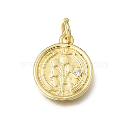 Brass Micro Pave Clear Cubic Zirconia Charms, Flat Round with Flower Charms, Rack Plating, Long-Lasting Plated, Lead Free & Cadmium Free, Real 18K Gold Plated, 14.5x12x2mm, Hole: 3mm(KK-K427-29G)