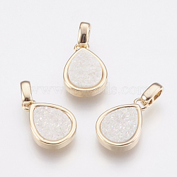 Natural Druzy Agate Pendants, with Brass Finding, teardrop, Golden, Ghost White, 14.5x10x3~4mm, Hole: 2x2.5mm(KK-G343-13D-G)