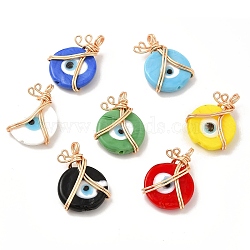Wire Wrapped Handmade Lampwork Pendants, with Copper Findings, Real 18K Gold Plated, Long-Lasting Plated, Flat Round with Evil Eye, Mixed Color, 25x18x7mm, Hole: 2.9mm(KK-E076-03G)