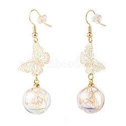 Butterfly with Blown Glass Globe Dangle Earrings for Girl Women, Wire Wrap Brass Earrings, Golden, 57mm, Pin: 0.8mm(EJEW-JE04670)