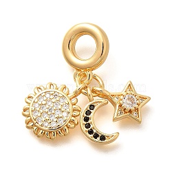 Brass Black & Clear Cubic Zirconia Sun & Star & Moon European Dangle Charms, Large Hole Pendants, Real 18K Gold Plated, 29.5mm, Hole: 5mm(KK-U048-07G)