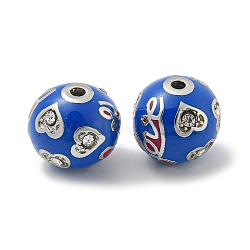 Platinum Alloy Enamel Beads, with Rhinestone, Round with Heart Love, Medium Blue, 12x11.5mm, Hole: 1.8mm(FIND-E044-25P)