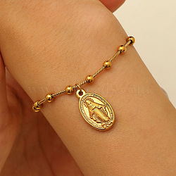 304 Stainless Steel Charm Bracelets, Satellite Chain Bracelets for Women, Oval with Virgin Mary, Golden, 6-1/8 inch(15.4cm)(FS-WGCF25D-01)