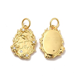 Rack Plating Eco-Friendly Brass Micro Pave Cubic Zirconia Pendants, with Jump Ring, Long-Lasting Plated, Lead Free & Cadmium Free, Oval with Flower & Word Charm, Real 18K Gold Plated, 17x12x2.5mm, Hole: 3.5mm(KK-A177-25G)