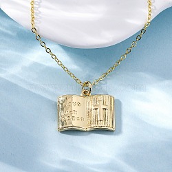 Brass Cross Bible Book Pendant Necklaces for Women Men, Real 18K Gold Plated, 17.44 inch(44.3cm)(NJEW-S438-03G)