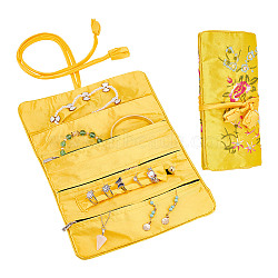 GOMAKERER 2Pcs Retro Rectangle Silk Zipper Roll Pouches, Embroidery Flower Jewelry Storage Bags with Drawstring Rope, Gold, 20x9cm, Open: 27x20cm(ABAG-GO0001-02B)