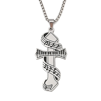 201 Stainless Steel Enamel Electronic Piano Cross Pendant Box Chain Necklaces, Stainless Steel Color, 23.62 inch(60cm)