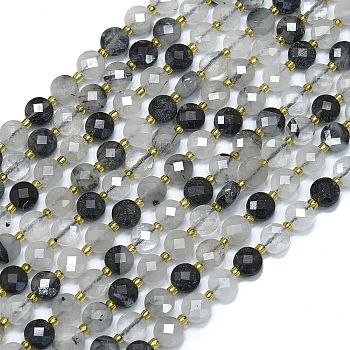 Natural Tourmalinated Quartz Beads Strands, with Seed Beads, Faceted, Flat Round, 6~6.5x4mm, Hole: 1mm, about 50pcs/strand, 15.35''(39cm)