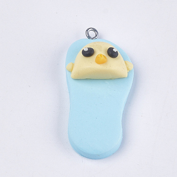 Handmade Polymer Clay Pendants, with Iron Findings, Slipper with Chick, Platinum, Sky Blue, 42~43x19~20x11~14mm, Hole: 1.5mm