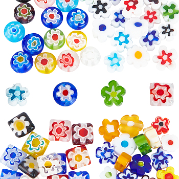 120Pcs 4 Style Handmade Millefiori Glass Beads Sets, Flower & Square/Flat Round, Mixed Color, 4~7.2x2.6~3mm, Hole: 0.8~1mm, 30pcs/style