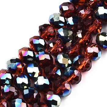 Electroplate Transparent Glass Beads Strands, Half Multi-color Plated, Faceted, Rondelle, Orange Red, 8x6mm, Hole: 1mm, about 63~65pcs/strand, 39~40cm
