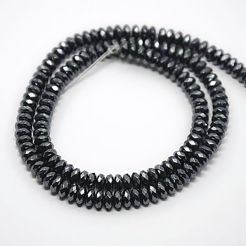 Non-magnetic Synthetic Hematite Beads Strands, Faceted Rondelle, Black, 6x3mm, Hole: 1mm, about 126pcs/strand, 15.5 inch