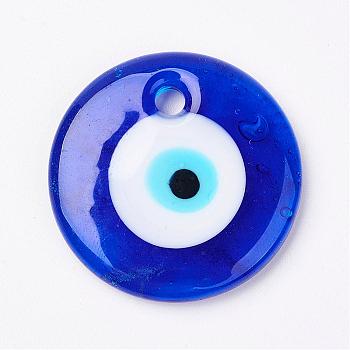 Handmade Lampwork Evil Eye Pendants, Flat Round, Blue, 35x6mm, Hole: 4mm