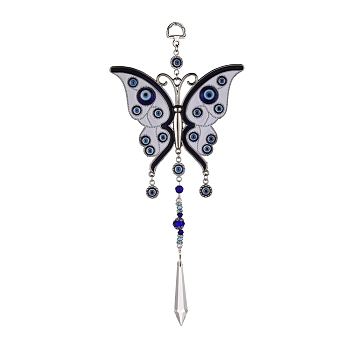 Alloy Butterfly Turkish Blue Evil Eye Pendant Decoration, with Crystal Prisms, for Home Wall Hanging Amulet Ornament, Antique Silver, 290mm, Hole: 10mm